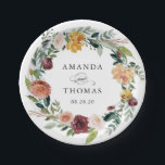 Rustic Burgundy Orange Floral Wreath Wedding Paper Plate<br><div class="desc">Rustic Burgundy Orange Floral Wreath Wedding Paper Plate</div>