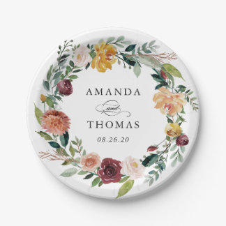 Rustic Burgundy Orange Floral Wreath Wedding Paper Plate
