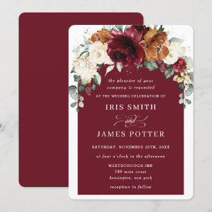Rustic Burgundy Orange Ivory Floral Arch Wedding Invitation