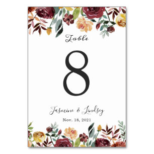Rustic Burgundy Orange Watercolor Floral Wedding Table Number