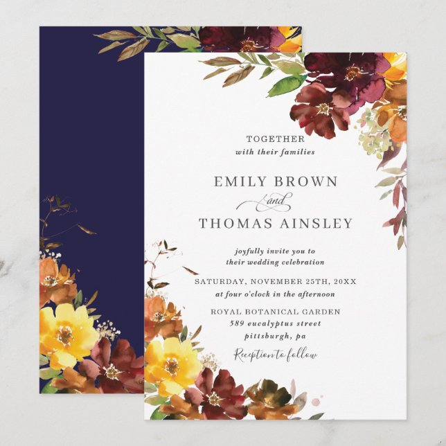 Rustic Burgundy Orange Yellow Floral Fall Wedding Invitation (Front/Back)