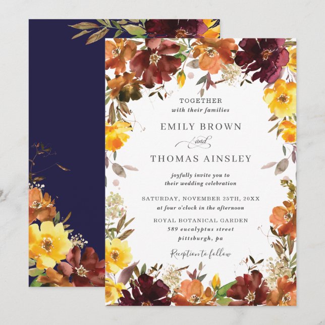 Rustic Burgundy Orange Yellow Floral Fall Wedding Invitation (Front/Back)