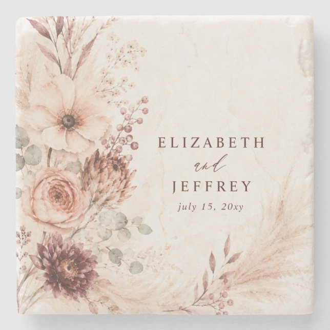 Rustic Burgundy Pampas Floral Fall Wedding Stone Coaster (Front)