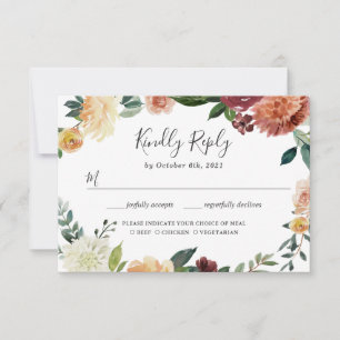 Rustic Burgundy Peach Orange Floral Wedding RSVP Card