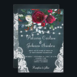 Rustic burgundy peonies winter lights lace wedding invitation<br><div class="desc">Elegant chic winter wedding stylish invitation template on dark pine green chalkboard featuring a beautiful red burgundy and white flowers bouquet with hunter green foliage, strings of white twinkle lights, lace corners, and a handwritten calligraphy script. Easy to personalise with your details! The invitation is suitable for elegant winter rustic...</div>