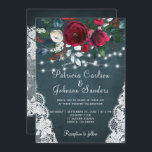 Rustic burgundy peonies winter lights lace wedding invitation<br><div class="desc">Elegant chic winter wedding stylish invitation template on dark pine green chalkboard featuring a beautiful red burgundy and white flowers bouquet with hunter green foliage, strings of white twinkle lights, lace corners, and a handwritten calligraphy script. Easy to personalise with your details! The invitation is suitable for elegant winter rustic...</div>