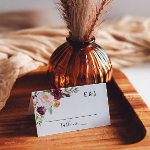 Rustic Burgundy Pink Fall Floral Monogram Wedding Place Card