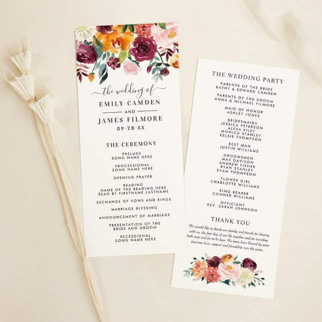 Rustic Burgundy Pink Fall Floral Wedding Programme (Creator Uploaded)