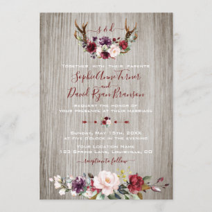 Rustic Burgundy Pink Floral Antlers Wood Wedding Invitation