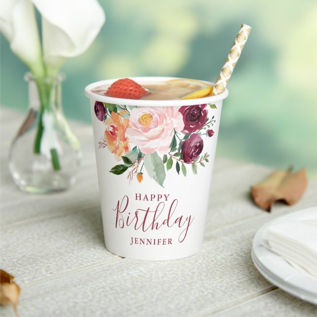 Rustic Burgundy Pink Floral Birthday Party Paper Cups (Insitu)
