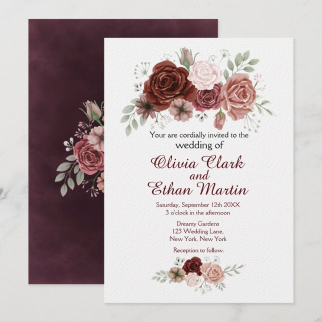 Rustic Burgundy Pink Floral Invitation (Front/Back)