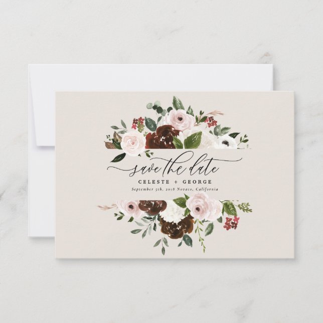 Rustic burgundy, pink, green floral wedding save the date (Front)