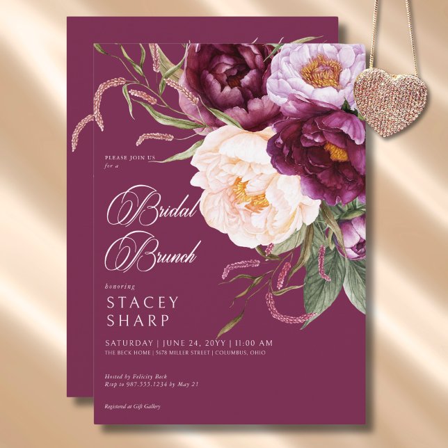 Rustic Burgundy & Pink Peonies Bridal Brunch Invitation (Rustic Burgundy & Pink Peonies Bridal Brunch Invitation)