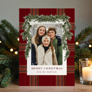 Rustic Burgundy Plaid Greenery Christmas Photo Holiday Card