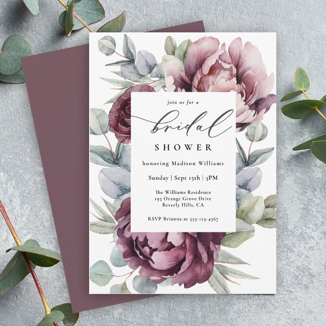 Rustic Burgundy Plum Floral Bridal Shower Invitation (Plan the perfect bridal shower with this beautifully feminine rustic floral invitation.)