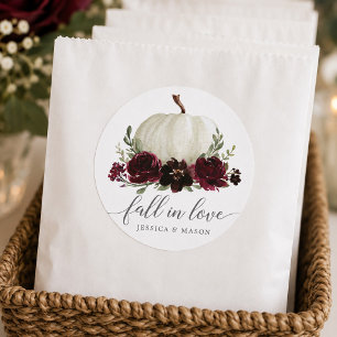 Rustic Burgundy Pumpkin Fall In Love Favour Sticke Classic Round Sticker