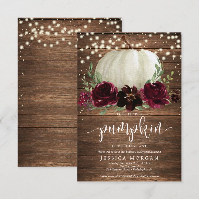 Rustic Burgundy Pumpkin First Birthday Invitation (Front/Back)