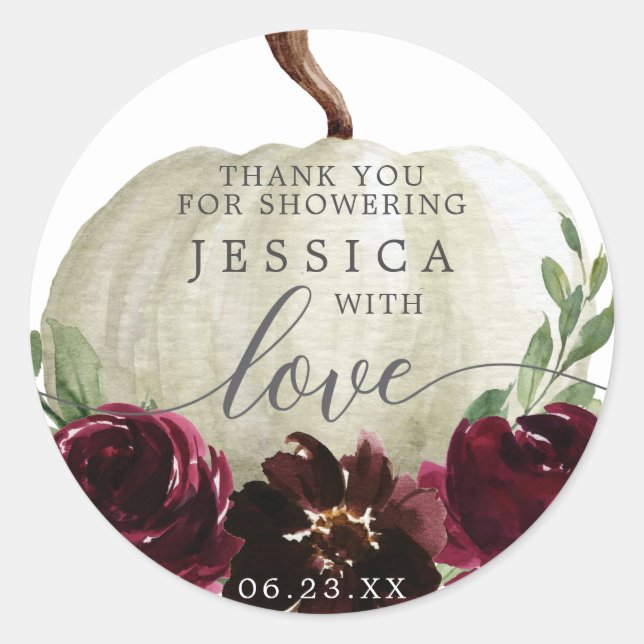Rustic Burgundy Pumpkin Shower Favour Sticker (Front)