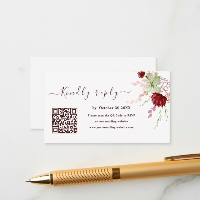 Rustic Burgundy QR Code RSVP Wedding Website Enclosure Card (Front/Back In Situ)
