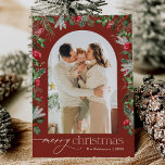Rustic Burgundy Red 1 Photo Arch Merry Christmas Holiday Card<br><div class="desc">This collection features watercolor red florals,  berries & winter greenery with modern & elegant typography,  with a winter botanical pattern back.</div>