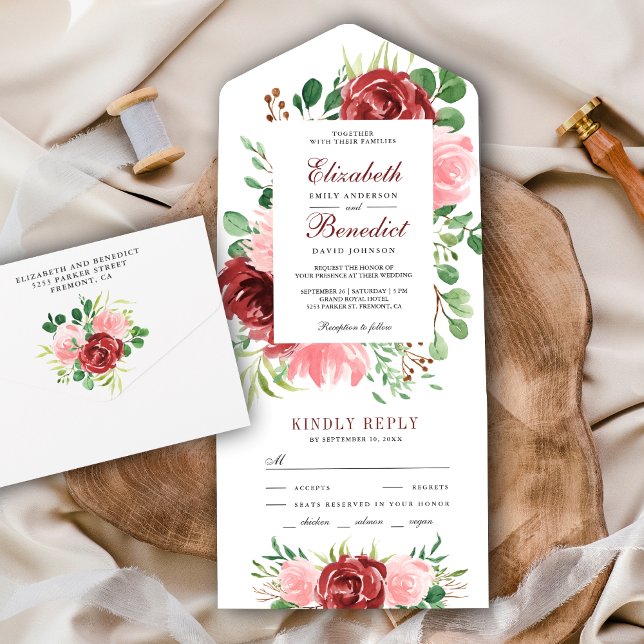 Rustic Burgundy Red and Blush Pink Floral Wedding All In One Invitation (Creator Uploaded)