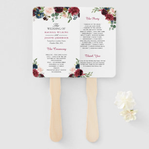 Rustic Burgundy Red Blue Floral Wedding Program Hand Fan