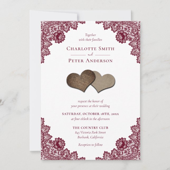 Rustic Burgundy Red Burlap and Lace Wedding Invitation (Front)