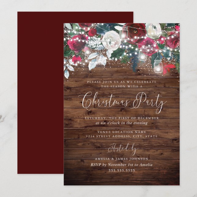 Rustic Burgundy Red Festive Light Garden Christmas Invitation (Front/Back)