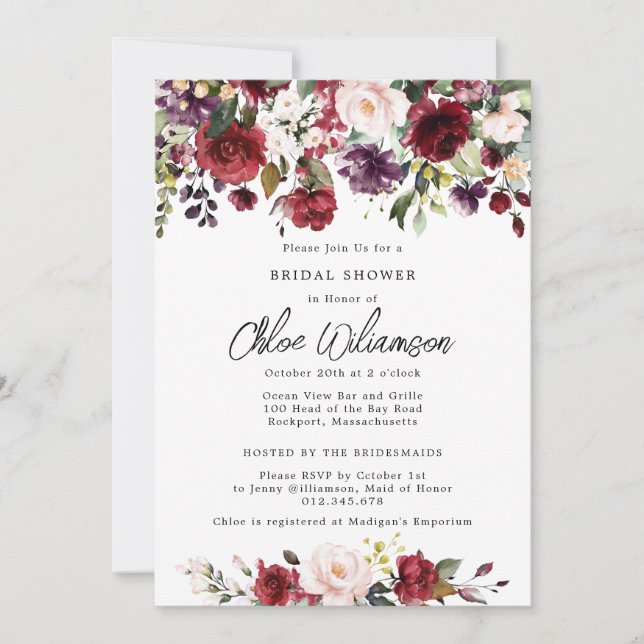 Rustic Burgundy Red Floral Bridal Shower Invitation (Front)