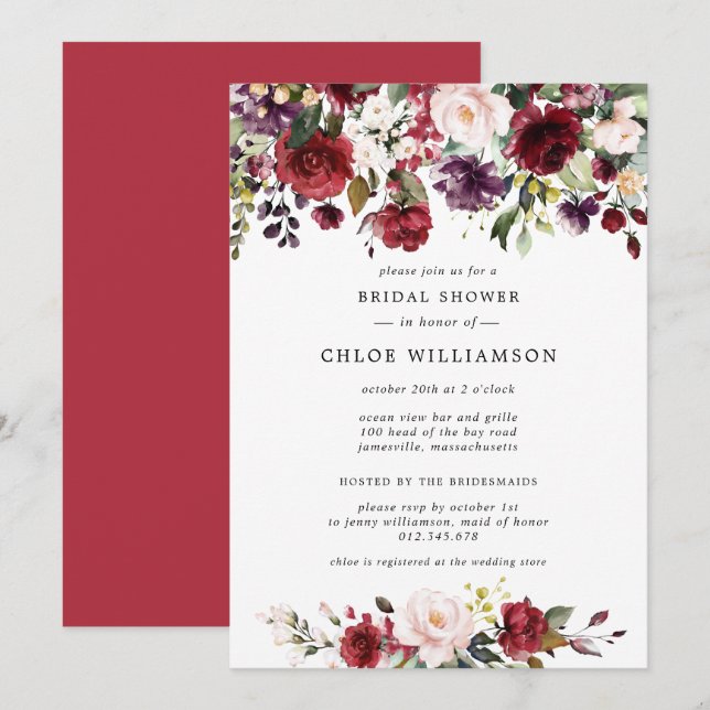 Rustic Burgundy Red Floral Bridal Shower Invitation (Front/Back)