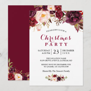 Rustic Burgundy Red Floral Chic Christmas Party Invitation