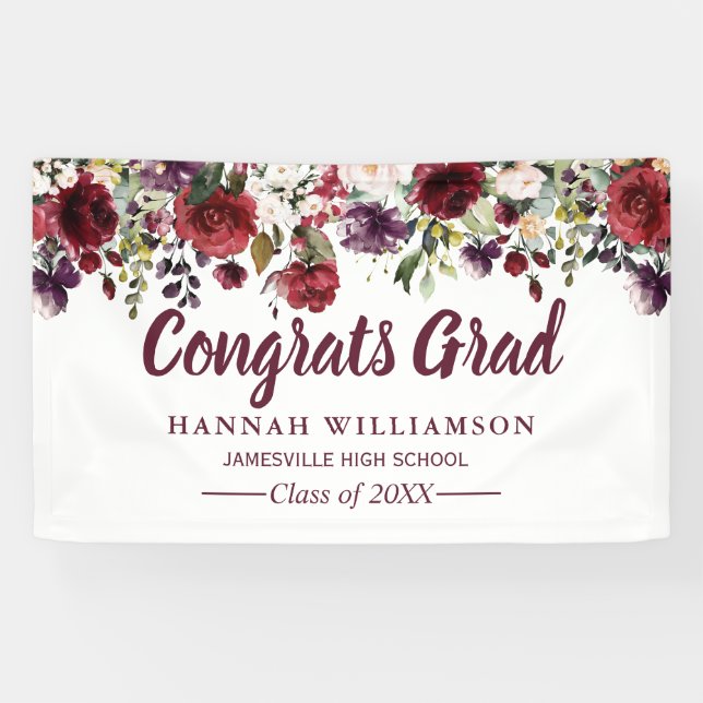 Rustic Burgundy Red Floral Graduation Party Banner (Horizontal)