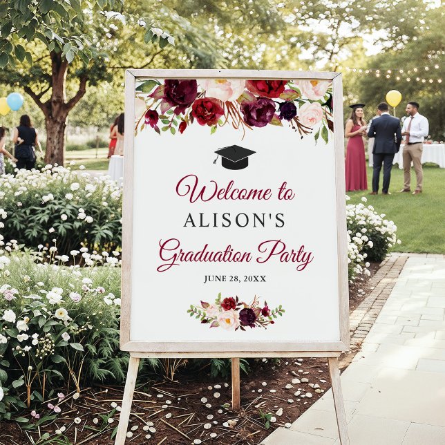 Rustic Burgundy Red Floral Graduation Party Sign (Creator Uploaded)