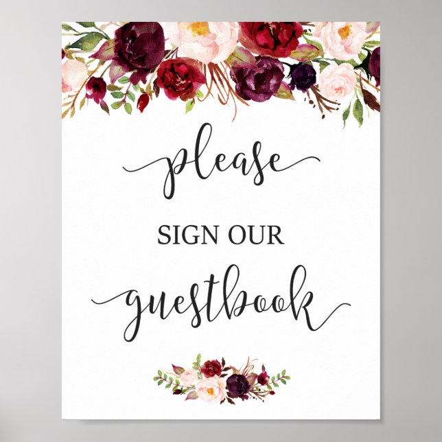 Rustic Burgundy Red Floral Guestbook Wedding Sign (Front)