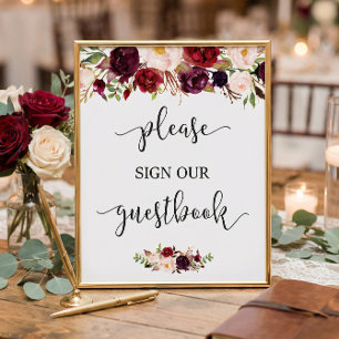 Rustic Burgundy Red Floral Guestbook Wedding Sign