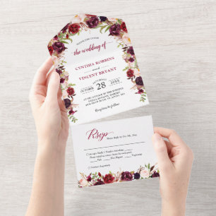 Rustic Burgundy Red Floral (No ENV needed) Wedding All In One Invitation