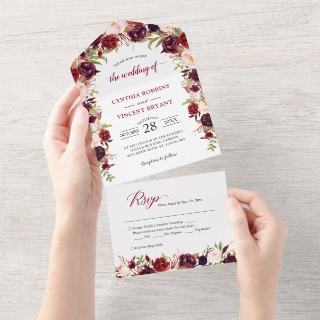 Rustic Burgundy Red Floral (No ENV needed) Wedding All In One Invitation (Tearaway)