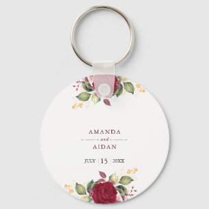Rustic Burgundy Red Floral Romantic Wedding Key Ring