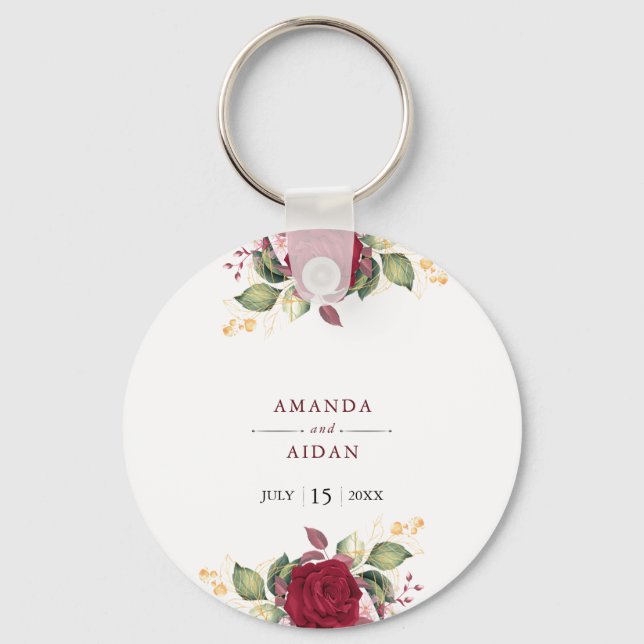 Rustic Burgundy Red Floral Romantic Wedding Key Ring (Front)