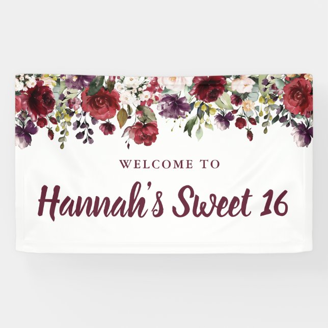 Rustic Burgundy Red Floral Sweet 16 Party Banner (Horizontal)