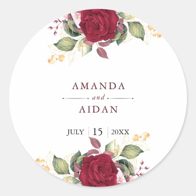 Rustic Burgundy Red Floral Wedding Classic Round Sticker (Front)
