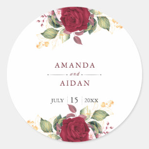 Rustic Burgundy Red Floral Wedding Classic Round Sticker