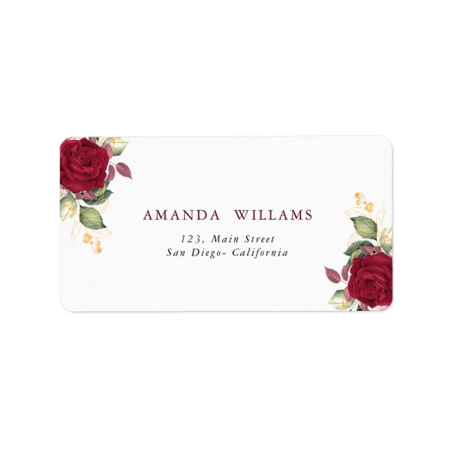 Rustic Burgundy Red Floral Wedding Return Address Label (Front)