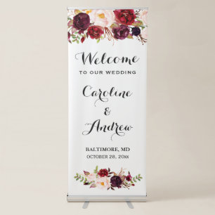 Rustic Burgundy Red Floral Wedding Welcome Retractable Banner