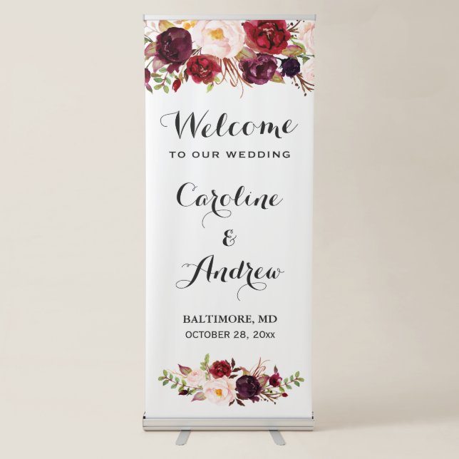 Rustic Burgundy Red Floral Wedding Welcome Retractable Banner (Front)