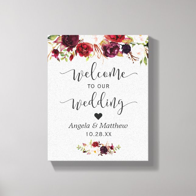 Rustic Burgundy Red Floral Welcome Wedding Sign (Front)