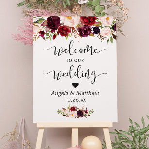 Rustic Burgundy Red Floral Welcome Wedding Sign
