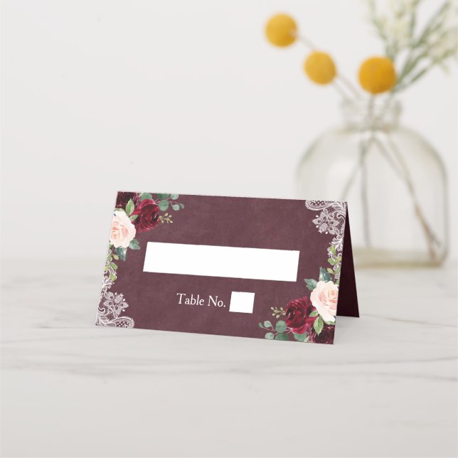 Rustic Burgundy Red Floral White Lace Wedding Place Card (Front)