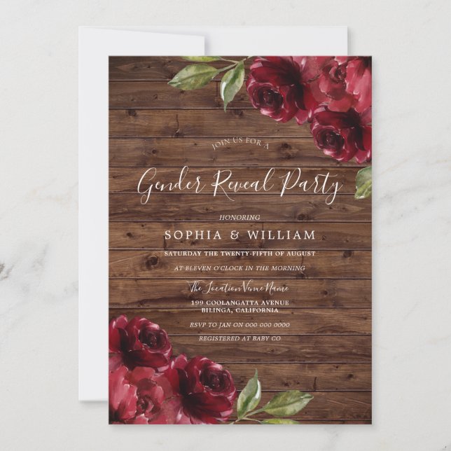 Rustic Burgundy Red Flowers Gender Reveal Party Invitation (Front)