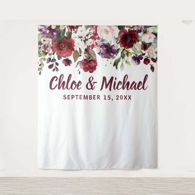 Rustic Burgundy Red Photo Booth Wedding Backdrop Tapestry (Front)